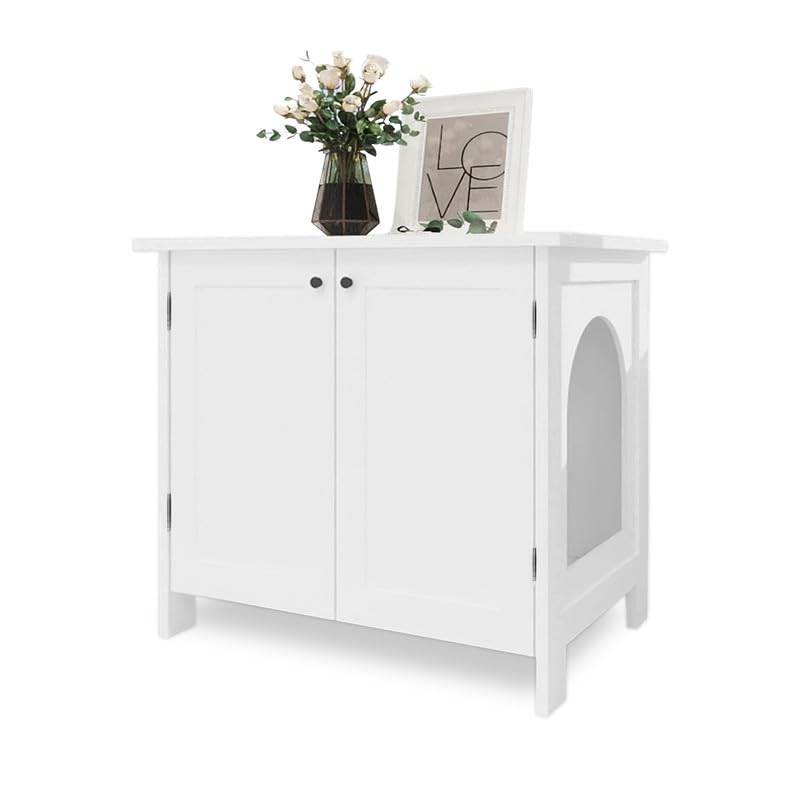 Hidden Litter Box Furniture with Removable Divider – Large Wooden Cat House (White)